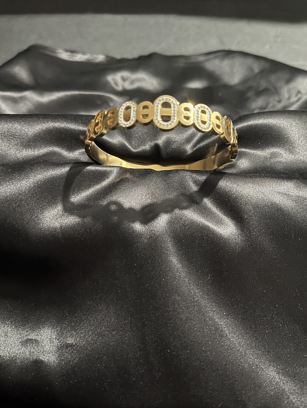 Gold Filled Tone Oval Design Bangle Bracelet With White Stones